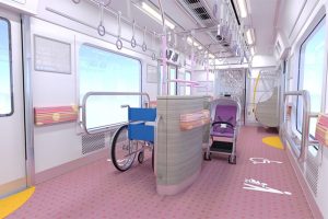将于2026年初投入商业运营的京王2000系列列车上安装的“大型自由空间”内部概念图（京王电铁提供）